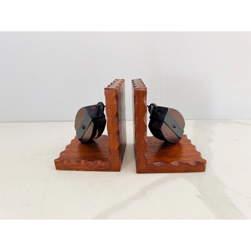 Vintage Wood Bookends Pair Nautical Ship Pulley Original Sticker Made in Japan